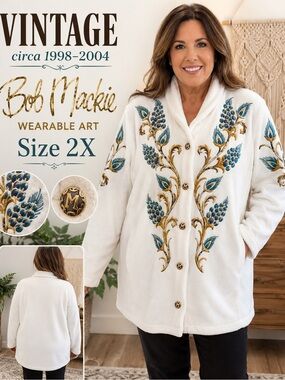 Vintage Bob Mackie Wearable Art 2X Embroidered Floral Jacket Ivory